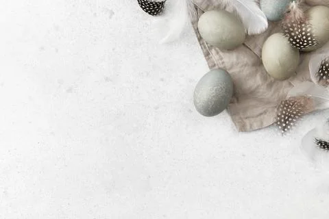 Eggs and feathers on a gray background. Easter celebration concept Foto stock