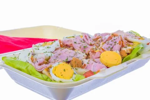 Eggs and ham with chicken and bread cubes Stock Photos
