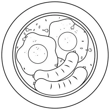 Eggs and sausages dish. Vector black and white coloring page Stock Illustration