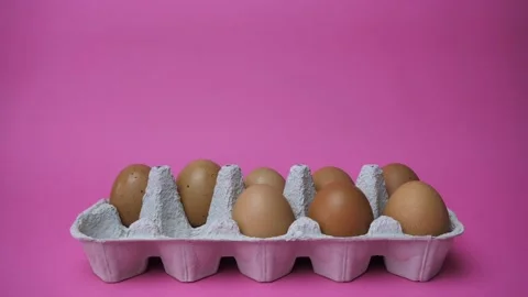 Eggs appear alternately in the egg tray - time lapse. chicken eggs on a pink Stock Footage 180646263