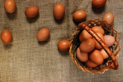 Eggs in a basket on burlap Stock Photos