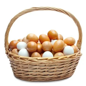 Eggs in basket on white background Stock Photos