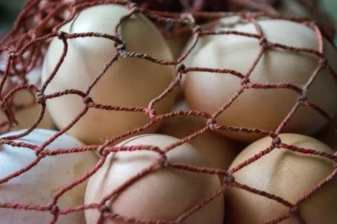 Eggs before being painted for Easter, in a old satchel Foto stock