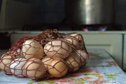 Eggs before being painted for Easter, in a old satchel Stock Photos