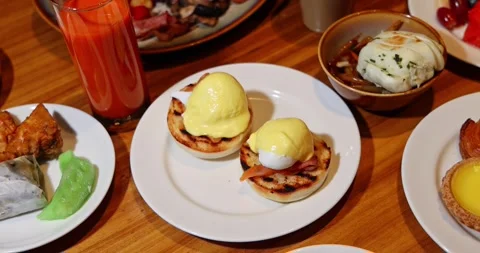 Eggs Benedict Smoked Salmon Hollandaise Sauce Breakfast Brunch Spread Stock Footage 329052524
