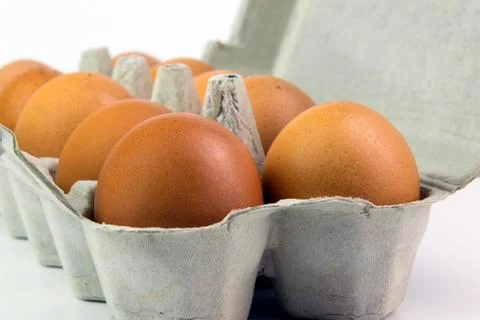 Eggs in a box on a white background Stock Photos