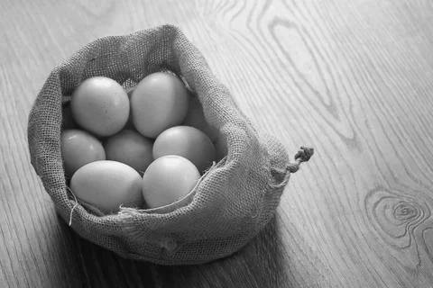 Eggs burlap rustic style 스톡 사진