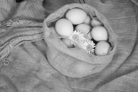 Eggs burlap rustic style 스톡 사진