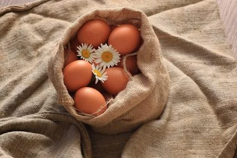 Eggs burlap rustic style 스톡 사진