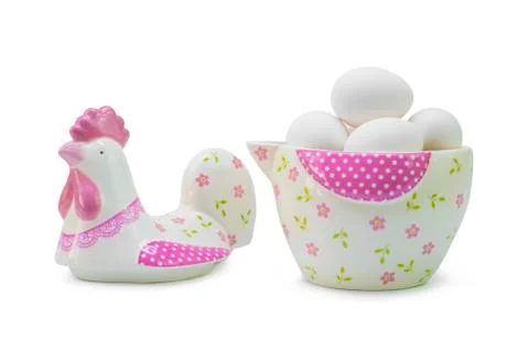 Eggs in ceramic easter chicken cookie jar Stock Photos