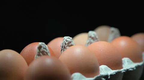 Eggs close up in egg protective container on black background. Foreground and Stock Photos