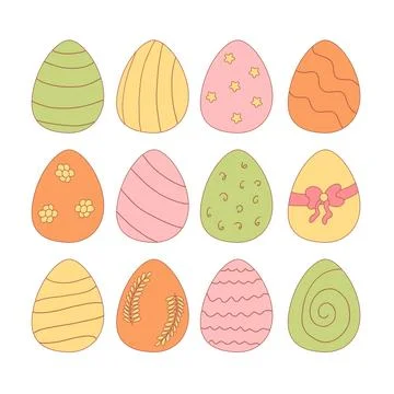 Eggs colored pattern leaves stars set elements 库存插图
