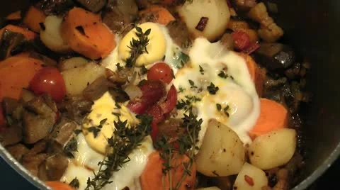 Eggs Cook On Ratatouille Close Up Stock Footage