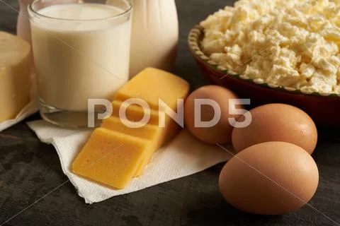 Eggs, cottage cheese, milk Stock Photos