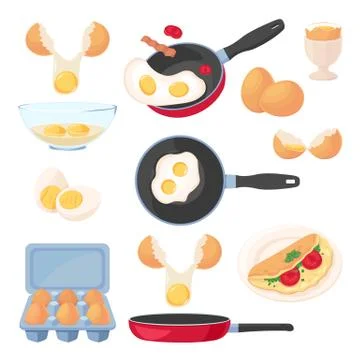 Eggs design elements set, isolated on white background. Vector breakfast meal Stock Illustration