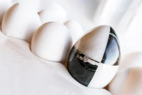 Eggs of different colors in cardboard boxes. marble stone egg on a background Stock Photos