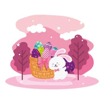 Eggs easter in basket wicker with bunny and landscape Illustrazione stock