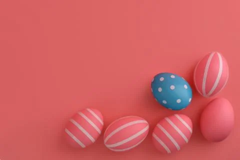 Eggs for Easter. Pink eggs with stripes around a blue one in circles. Stock Photos