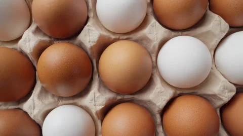 Eggs in egg carton rotating. Zoom in slider shot. Uncooked white and brown eggs Video stock 303236832