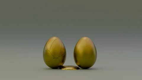 Eggs featuring one prominently cracked egg spilling its yolk Stock Illustration