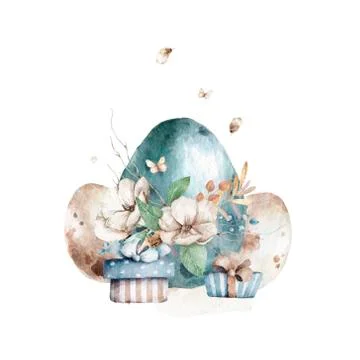 Eggs with flowers design set on white background, Hand drawn watercolor eggs. Illustrazione stock