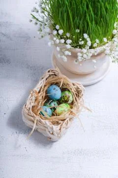 Eggs with flowers on a white background. Easter Symbols Stock Photos