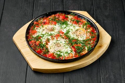Eggs fried with ham and tomato in cast iron skillet Foto stock