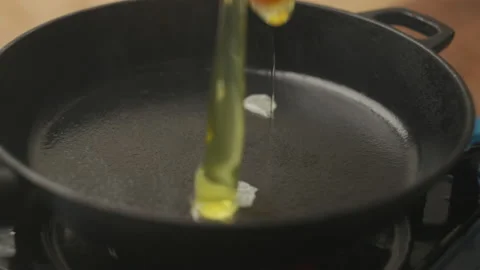 Eggs Frying. Two eggs falling on hot frying pan in slow motion. Stock-Footage 223747757