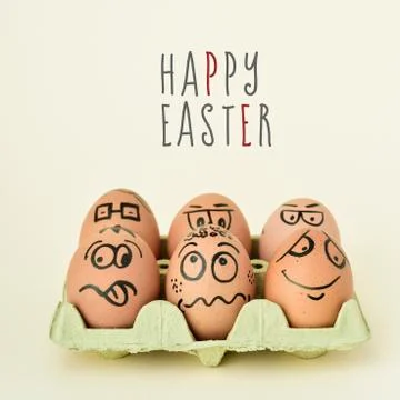 Eggs with funny faces and text happy easter Stock Photos