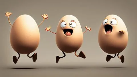 Eggs with funny faces running and jumping. 3d illustration Stock Illustration