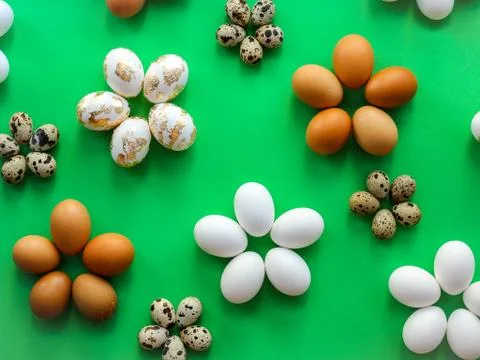 Eggs on a green background. horizontal image, top view Stock Photos