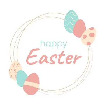 Eggs Happy Easter in round frame. Contour wreath with patterned of holiday Stock Illustration