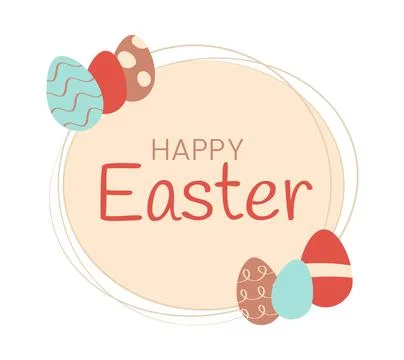 Eggs, happy Easter in round outline Frame. Fun Painted patterned Doodle holiday Stock Illustration