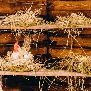 Eggs in the hay on sacking. view from above Stock Photos