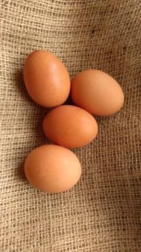 Eggs on  hemp fabric background Stock Photos