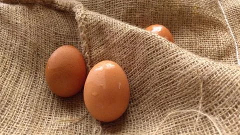 Eggs on  hemp fabric background Stock Photos