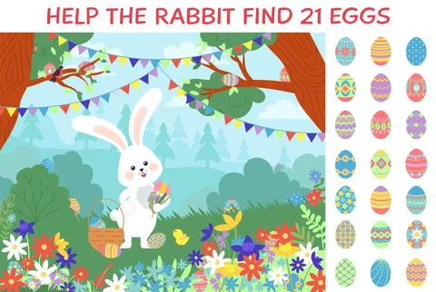 Eggs hunt. Easter puzzle game location with bunny and egg in garden or forest Illustrazione stock