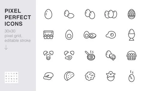 Eggs line icon set. Container, easter hunt basket, eggshell, yolk, scrambled Illustrazione stock