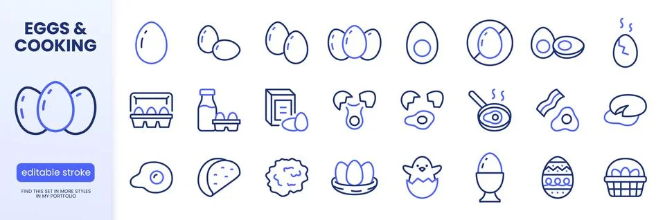Eggs line icon set. Packaging carton, fried egg, boiled, omelet, breakfast bacon Stock Illustration