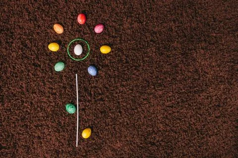 Eggs lying on the carpet. abstract flower.flat lay. easter aggs. 写真素材