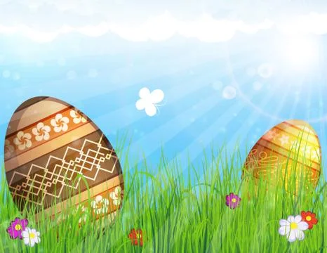 Eggs on meadow with flowers Stock Illustration