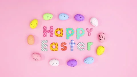 Eggs move in circle around Happy Easter text. Stop motion 스톡 동영상 148193933