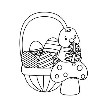 Eggs painted easter in basket with little chick Illustrazione stock