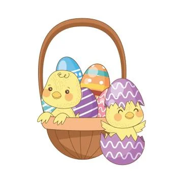 Eggs painted easter in basket with little chick Illustrazione stock