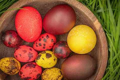 Eggs painted for Easter in a wooden plate on the grass. Happy Easter. Stock Photos