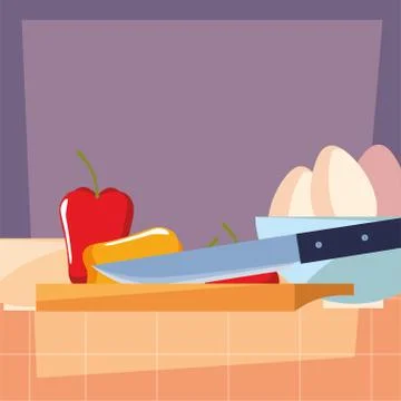 Eggs pepper and knife preparation cooking Stock-Illustration