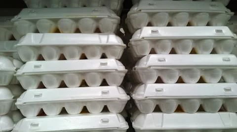 Eggs in plastic white eco packaging on supermarket shelf. Price regulation Foto stock