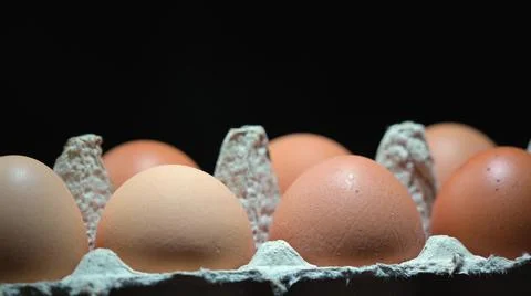 Eggs in a protective container on black background. Background in blur. Stock Photos
