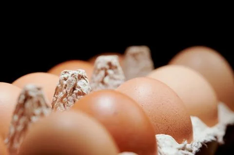Eggs in a protective container on black background. Foreground and backgrou.. Stock Photos