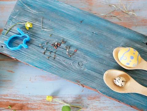 Eggs, quail, easter decor on a blue wooden table Stock Photos